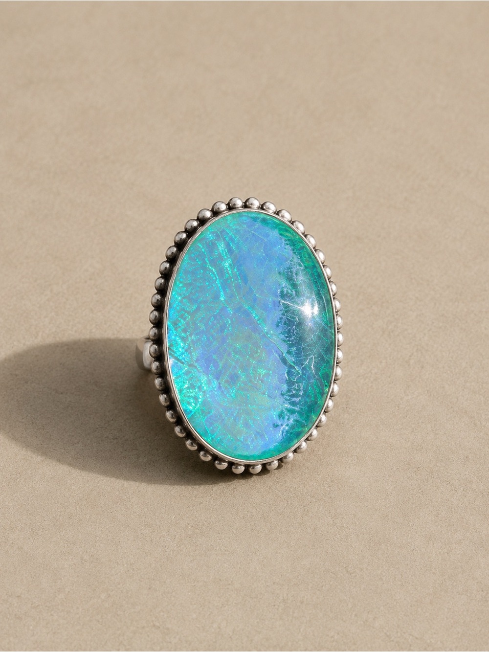 Sterling Silver Dragon Opalite Statement Ring Blue Green Gemstone Ring size 7.5